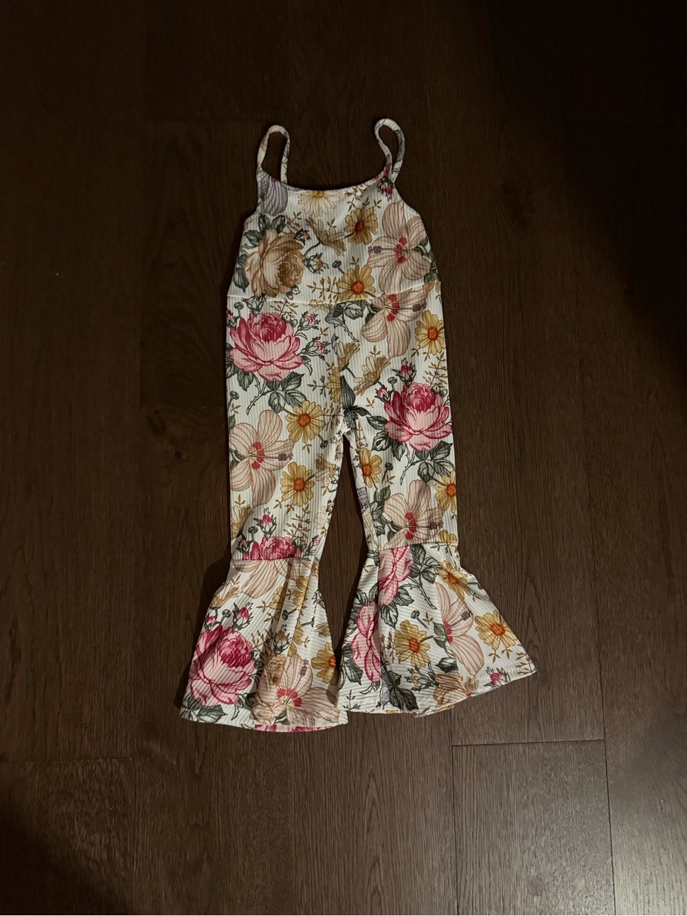 Girls White Floral Ruffle Hem Knit Jumpsuit